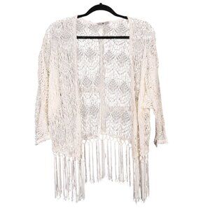 Boho Crochet Lace Fringe Cardigan XL 3/4 Sleeves 90s Ivory Jacket Hippie Festiva